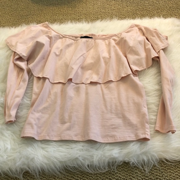 jeans by buffalo Tops - Pink off the shoulder ruffle top long sleeve fit